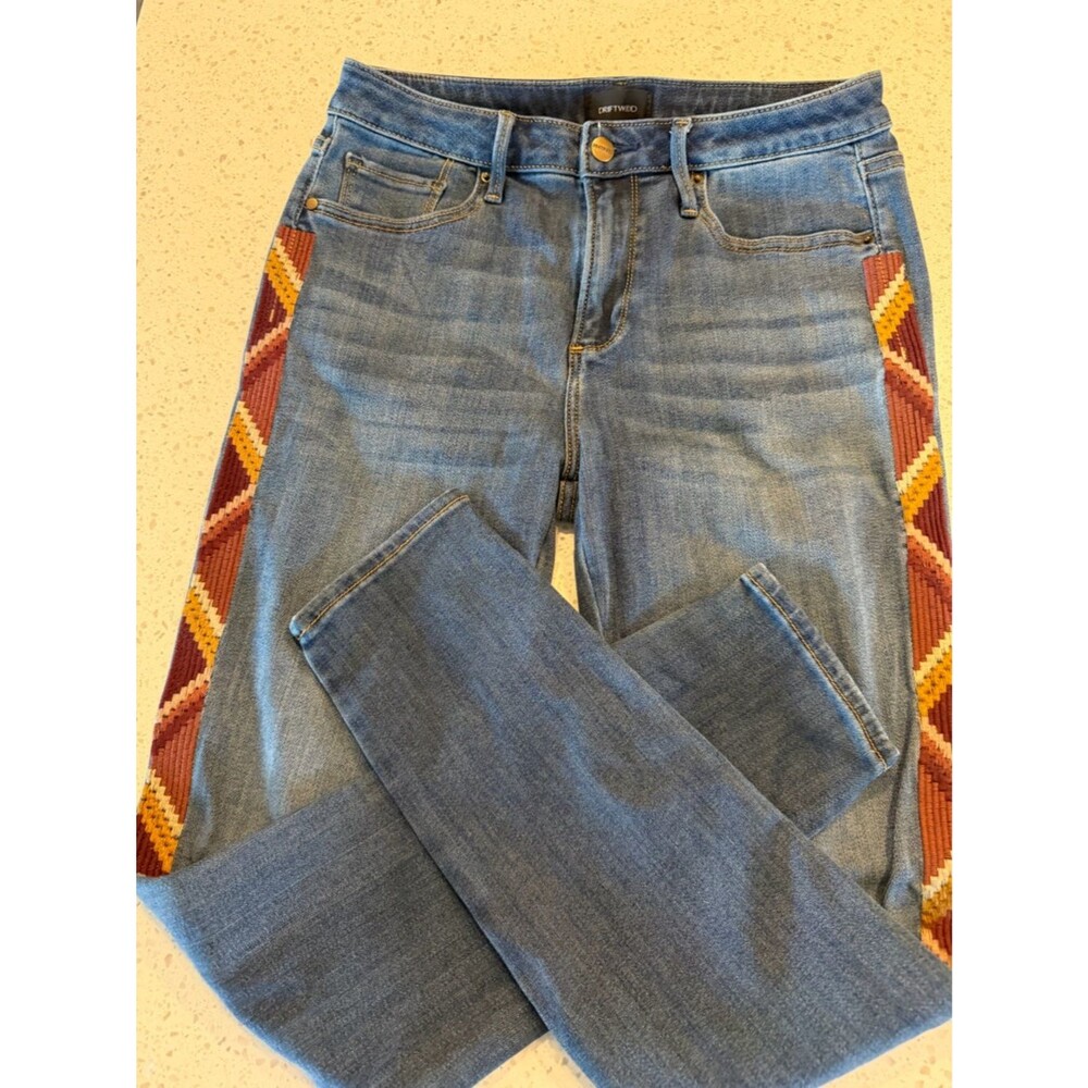 DRIFTWOOD Denim Jeans with Maroon Gold Embroidered Jackie High Rise 27/28